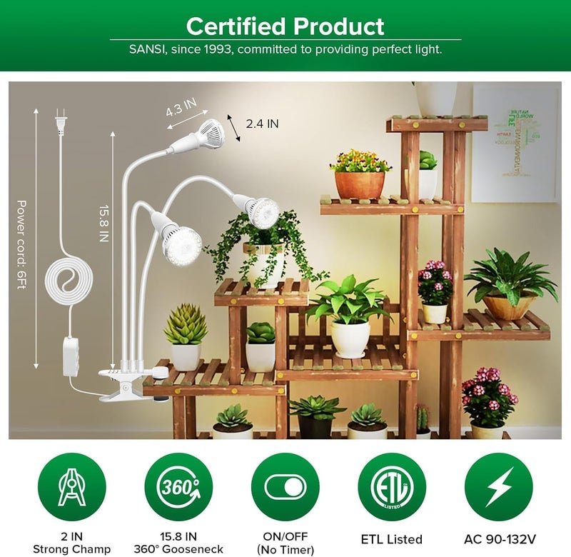 Sansi LED Grow Lights for Indoor Plants, 450W Full Spectrum Clip-on Gooseneck Grow Light with Ceramic Tech.,30W Plant Light with Optical Lens, Lifetime Free Bulbs Replacement White, No Timer - Image 4